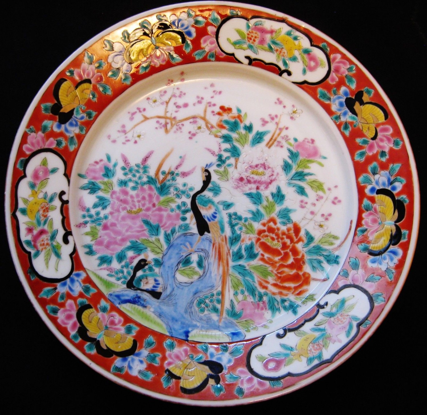 ANTIQUE CHINESE FAMILLE VERTE DISH , HAND PAINTED, RED MARKED, 19TH CENTURY, NR.