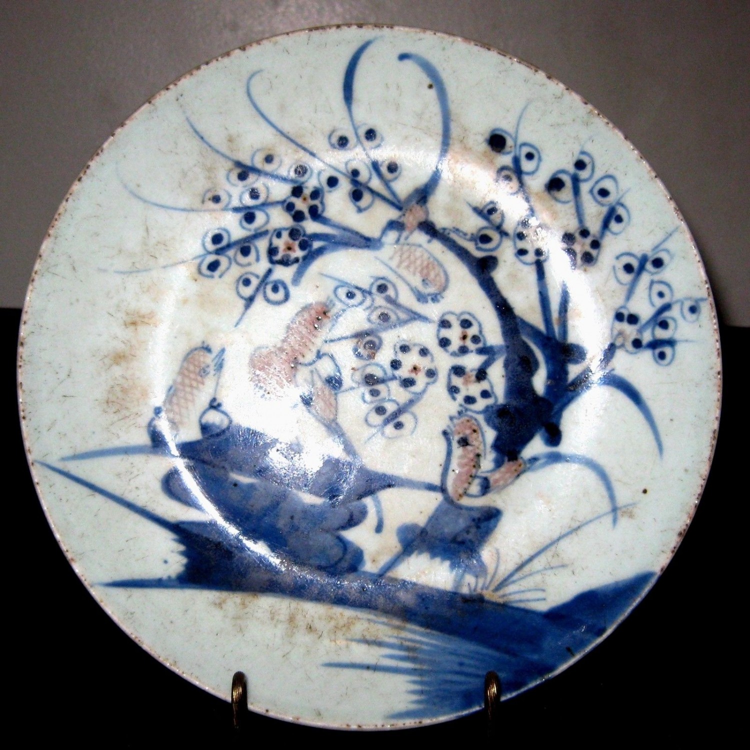 ANTIQUE CHINESE PORCELAIN BLUE & WHITE, BIRTH & FLOWER PLATE ,19TH CENTURY, NR.