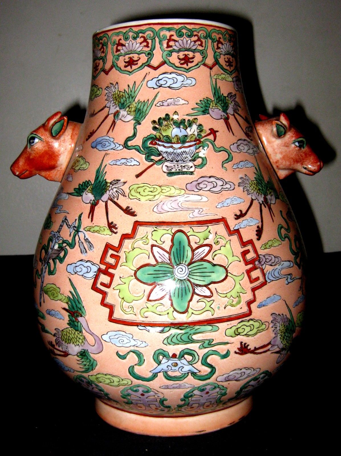 ANTIQUE CHINESE PORCELAIN FLOWER BIRD VASE WITH TWO COW HEADS, 19TH CENTURY