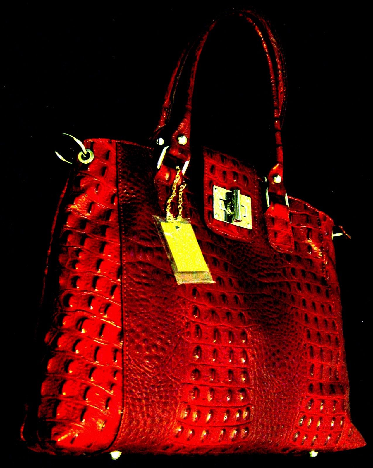 100% GENUINE ITALIAN COW LEATHER BAG IN CROCODILE STYLE- NELSON MONUMENT-RED;NR.