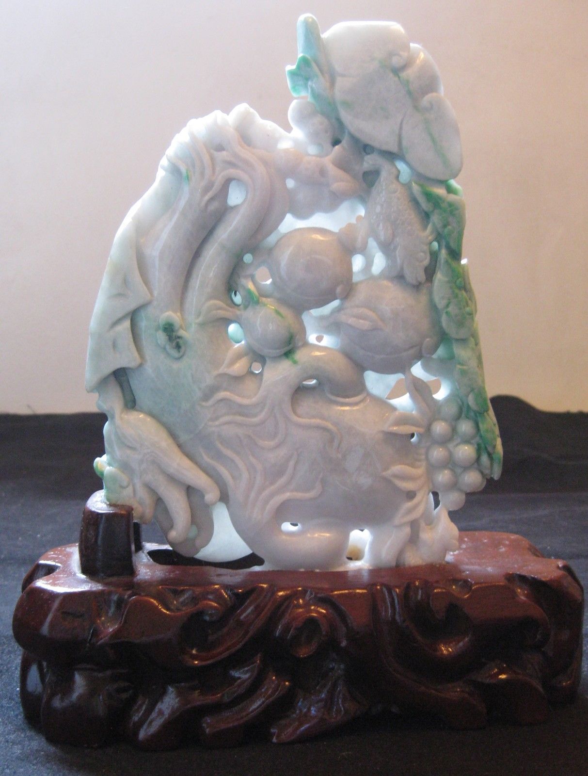 Chinese Natural Jadeite Carved Good Luck, Ginseng & Longevity Peach Statue.
