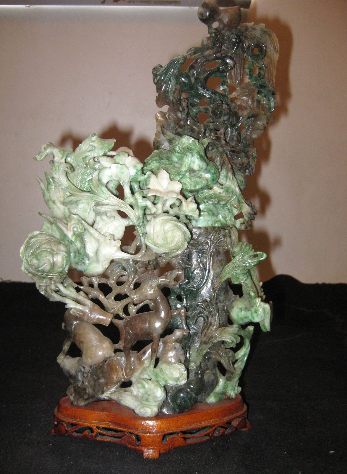 Chinese Natural Jadeite Carved, Dragon, Phoenix, Dears, Money, Peachs Statue.
