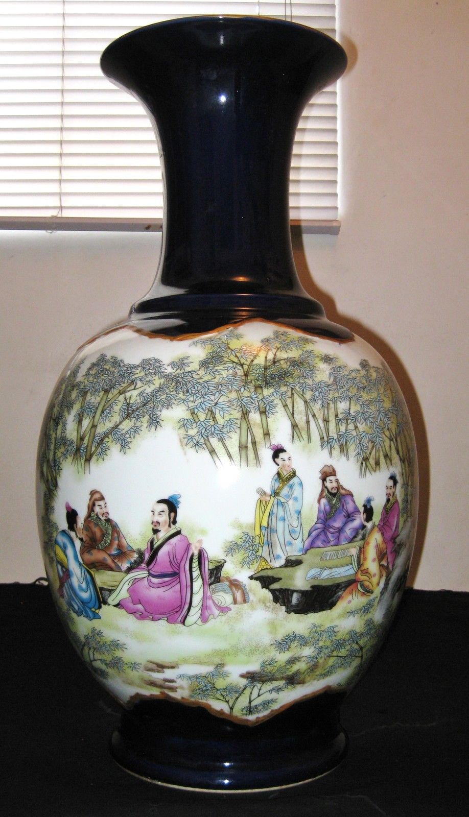 Antique-Chinese-Blue-White-7-Immortals-Porcelain-Vase-Dao-Quang-Mark-19th-C